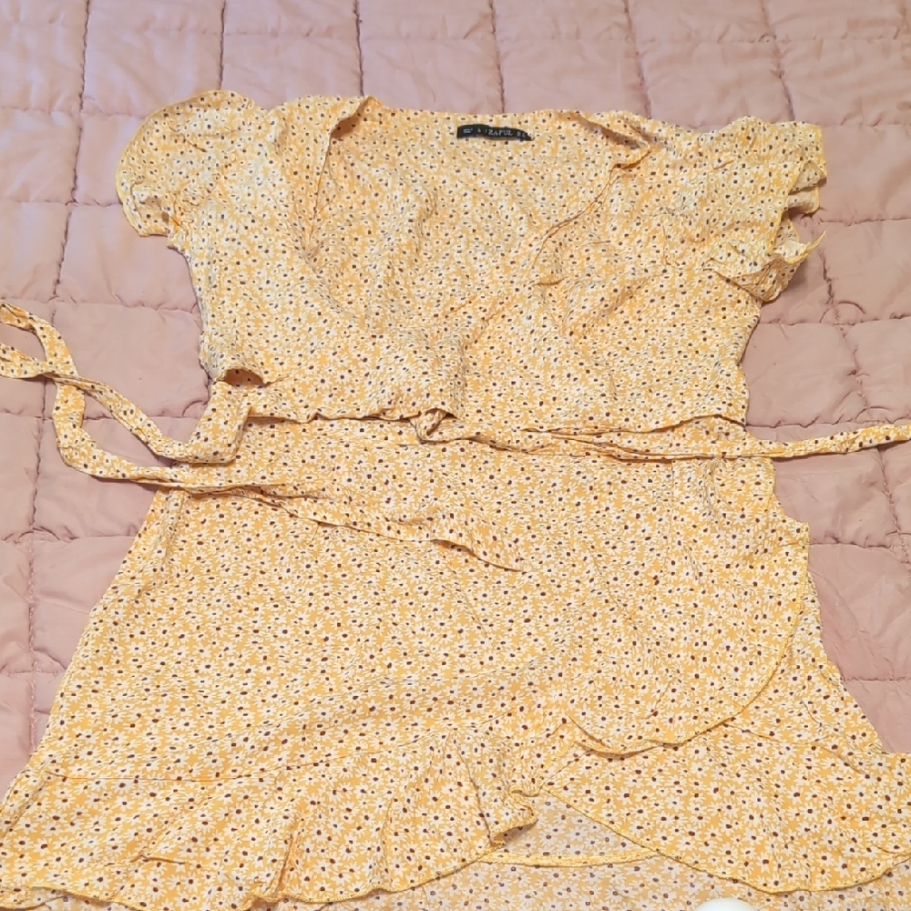 Zaful Yellow Flutter Sleeve Wrap Blouse
